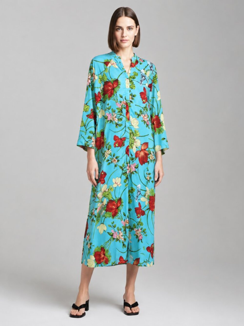 Natori Zip Front Multicolor Floral Satin long Caftan Size L